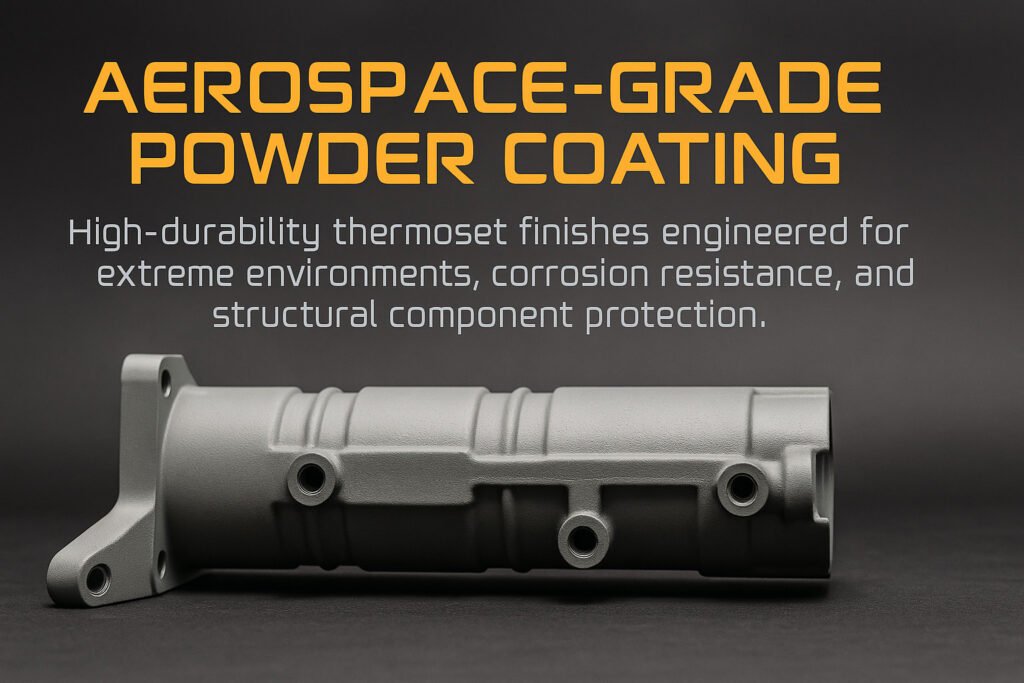 Aerospace-grade powder-coated aluminum component on dark background with headline text about high-durability thermoset finishes.