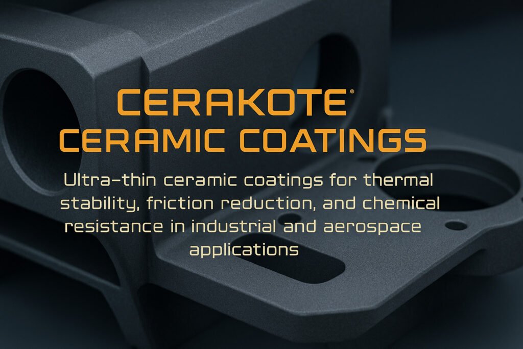 Cerakote ceramic coating on a precision machined component with text highlighting thermal stability, friction reduction, and chemical resistance for industrial and aerospace applications.