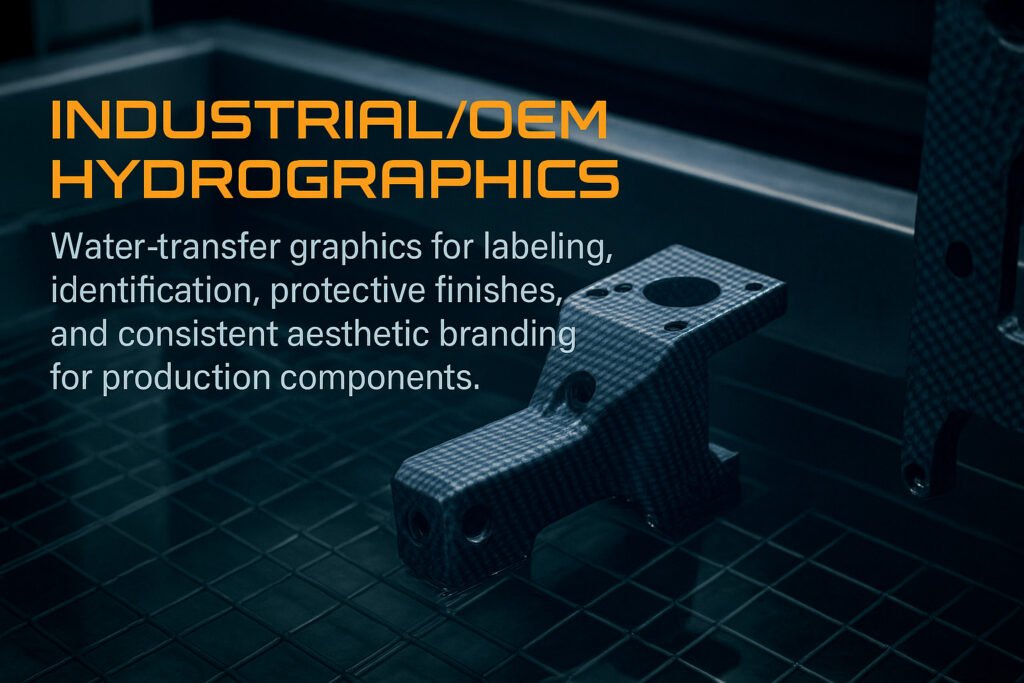 Industrial/OEM hydrographics banner showing a carbon-fiber patterned metal bracket in a water-transfer tank with text about labeling, identification, and protective finishes for production components.