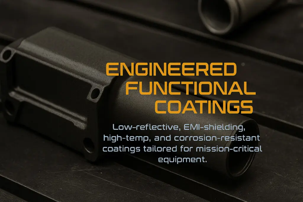 Engineered functional coating on a machined component with text highlighting low-reflective, EMI-shielding, high-temperature, and corrosion-resistant finishes for mission-critical equipment.