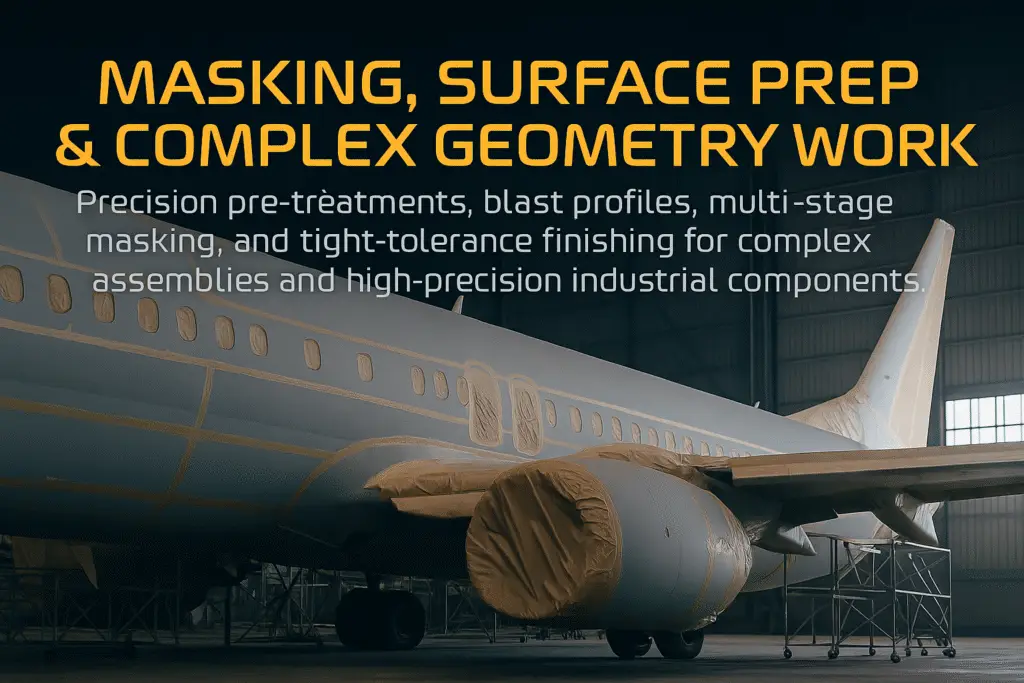 Commercial aircraft fully masked for coating inside hangar, illustrating precision masking, surface preparation, and complex geometry work by Spectrum Defense Coatings.
