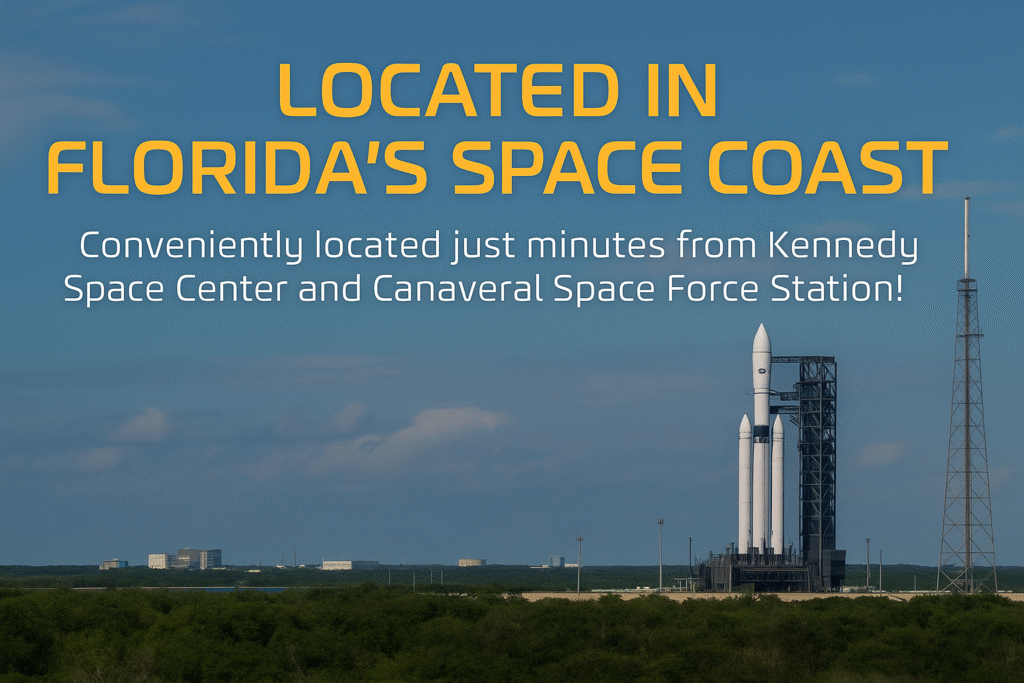 Aerospace launch vehicle on the pad at Florida’s Space Coast with text highlighting Spectrum Defense Coatings’ proximity to Kennedy Space Center and Canaveral Space Force Station.