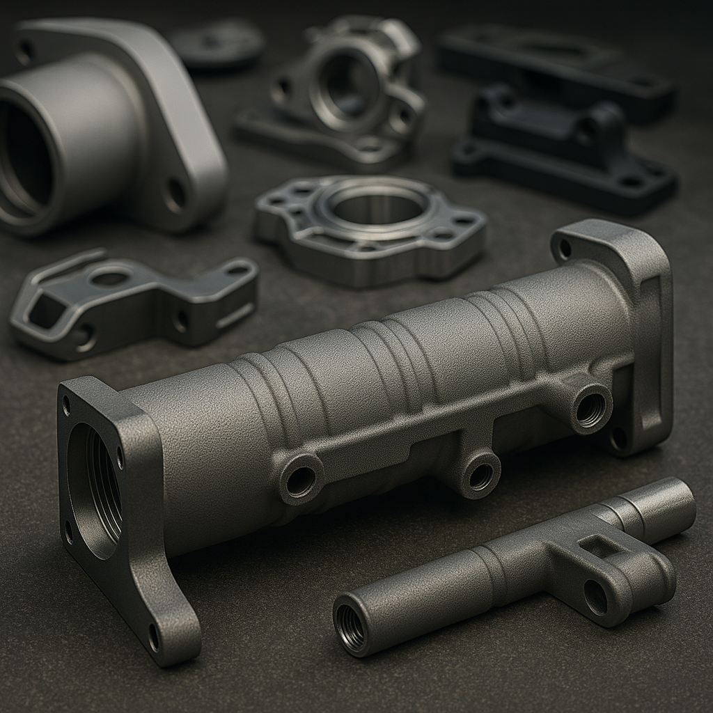 Close-up of multiple machined metal aerospace components with a uniform dark protective coating.