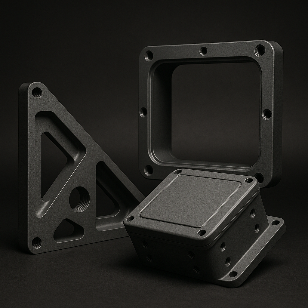 Matte black coated precision brackets and enclosure components on a dark background.