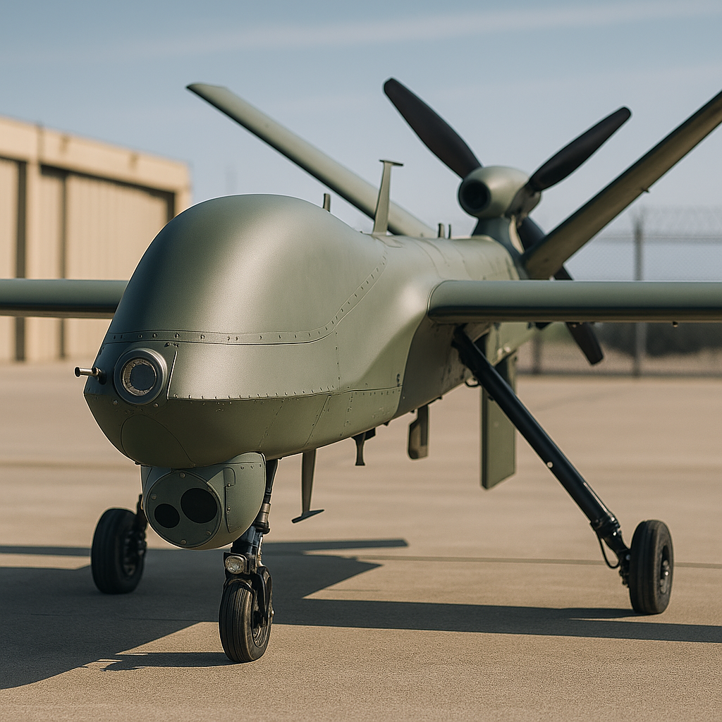 Unmanned aerial vehicle with matte low-reflective military coating parked on an airfield.