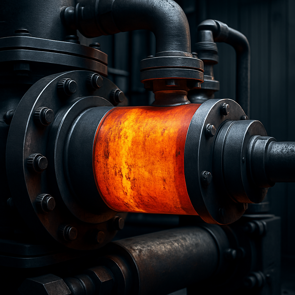 High-temperature industrial pipe section glowing orange inside a coated assembly for thermal control.