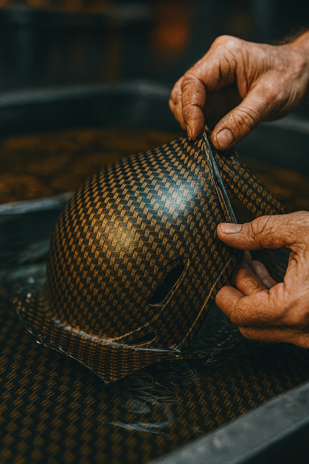 Technician applying carbon fiber hydrographics film to a helmet in a water transfer tank.