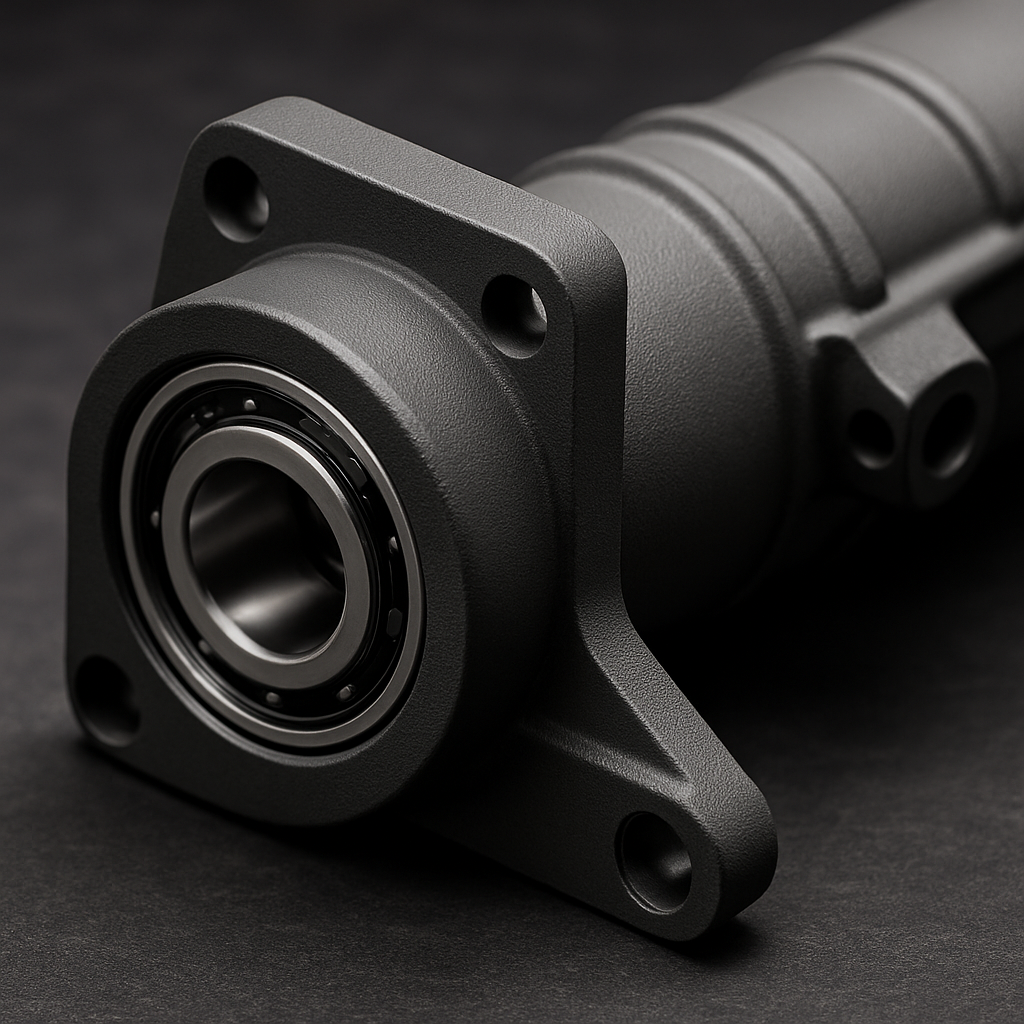 Close-up of dark gray coated aerospace component with precision bearing.