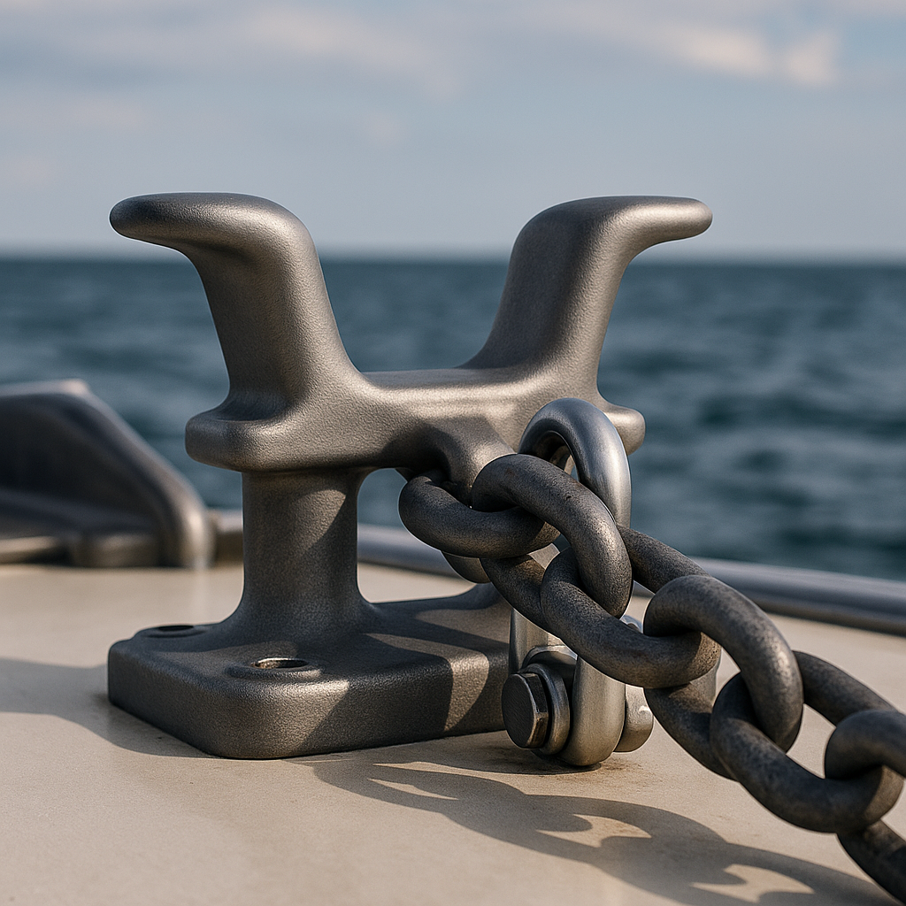Marine deck cleat and chain with corrosion-resistant protective coating on open water.