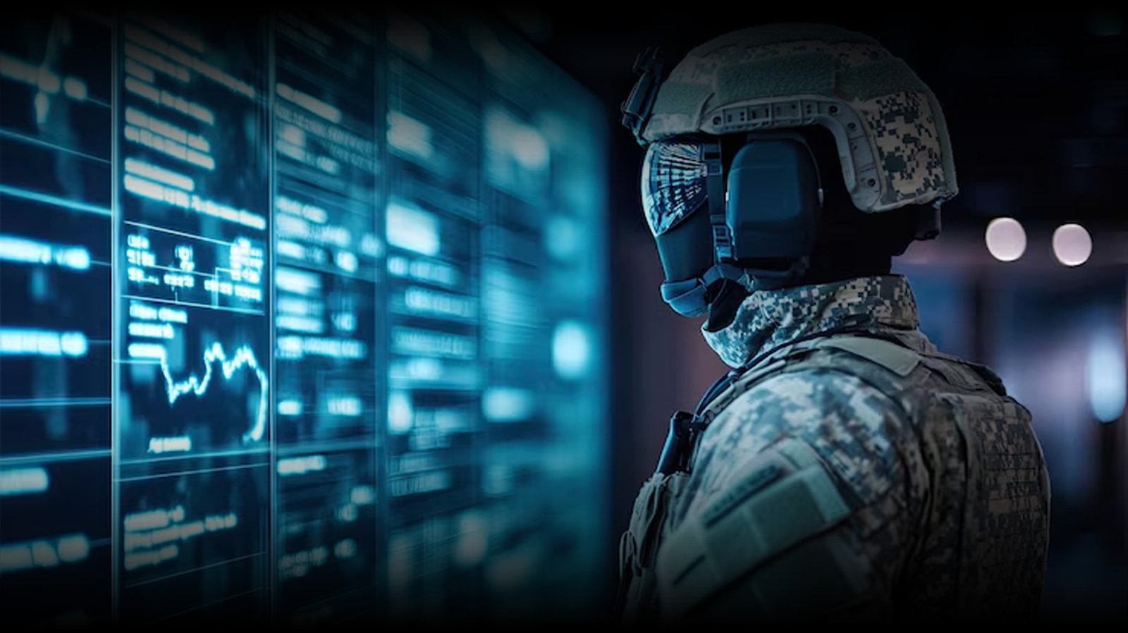 Soldier in tactical gear monitoring digital data displays in a high-tech defense operations center.