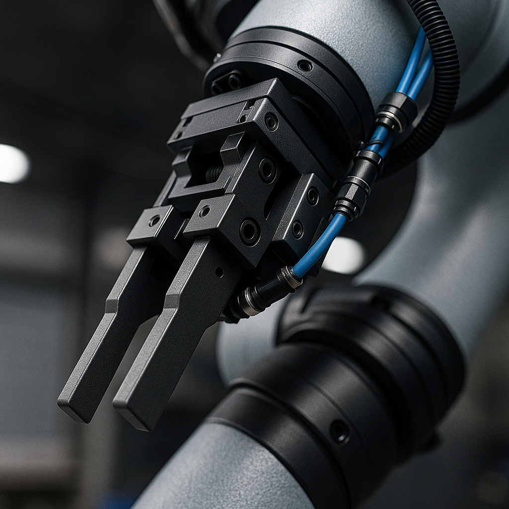 Close-up of a robotic gripper arm with matte black low-reflective coating.