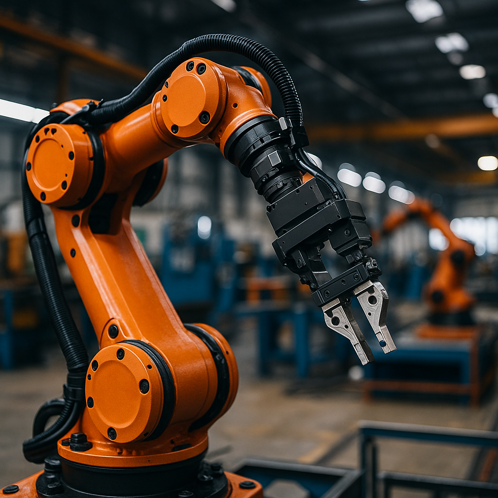 Industrial orange robotic arm with precision gripper in a modern manufacturing facility.