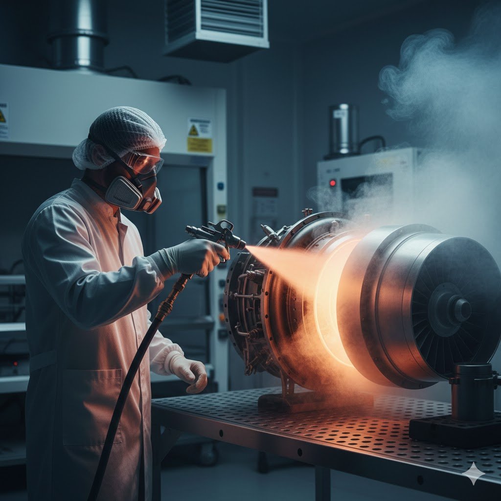 A professional technician in a laboratory setting applying a vibrant orange thermal coating to a complex aerospace turbine component using a precision spray gun, with dramatic lighting and atmospheric blue wisps