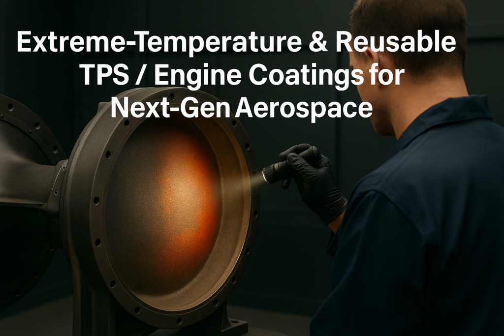 Technician inspecting an extreme-temperature thermal barrier coating on an aerospace engine or TPS panel in a controlled test cell