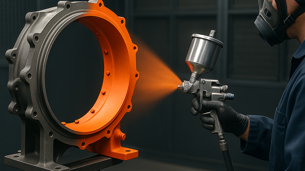 Technician spraying an orange Cerakote thin-film coating inside a large aerospace housing in a dark spray booth