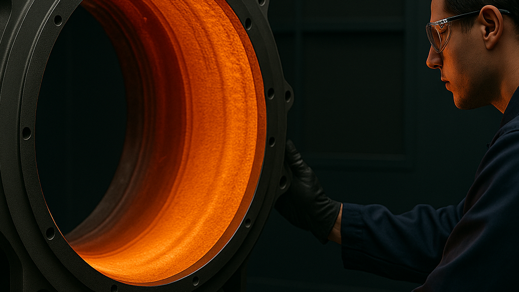 Maintenance technician inspecting the glowing orange interior of an extreme-temperature thermal barrier coating inside a large aerospace engine housing